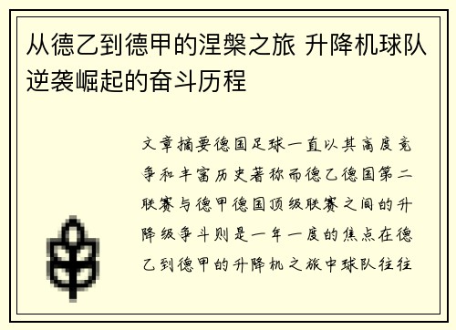 从德乙到德甲的涅槃之旅 升降机球队逆袭崛起的奋斗历程
